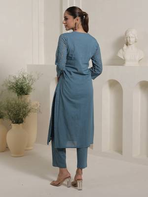 Blue embroidered pure cotton kurta trouser set 2