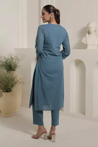 Blue embroidered pure cotton kurta trouser set