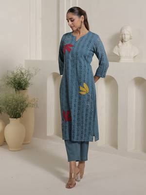 Blue embroidered pure cotton kurta trouser set 3
