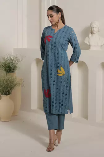 Blue embroidered pure cotton kurta trouser set
