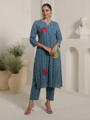 Blue embroidered pure cotton kurta trouser set 4