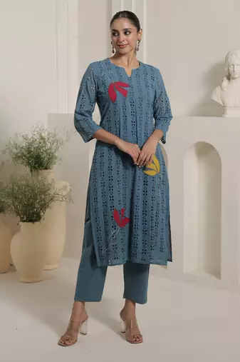 Blue embroidered pure cotton kurta trouser set