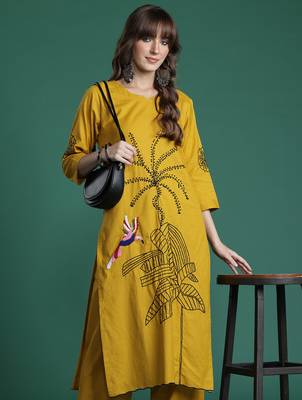 Mustard embroidered pure cotton kurta trouser set 1