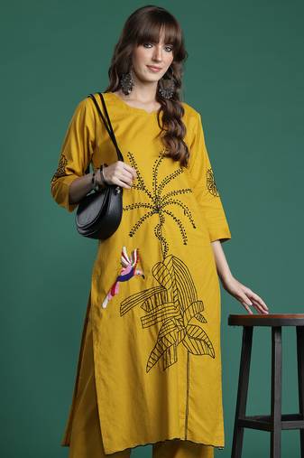Mustard embroidered pure cotton kurta trouser set