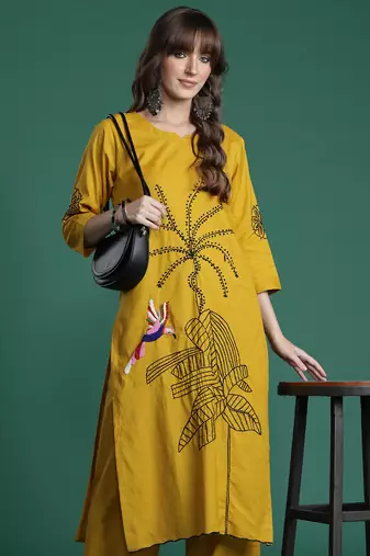 Mustard embroidered pure cotton kurta trouser set