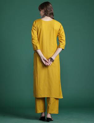 Mustard embroidered pure cotton kurta trouser set 2