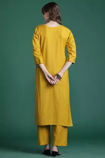 Mustard embroidered pure cotton kurta trouser set