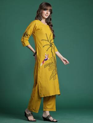 Mustard embroidered pure cotton kurta trouser set 3
