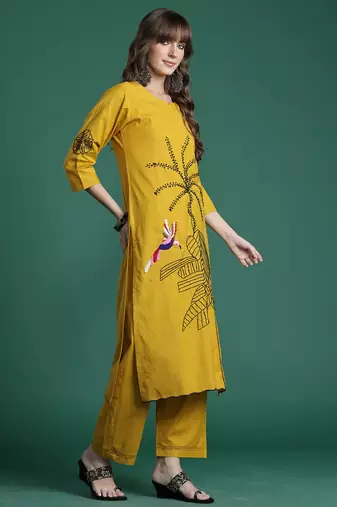 Mustard embroidered pure cotton kurta trouser set