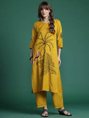 Mustard embroidered pure cotton kurta trouser set 4