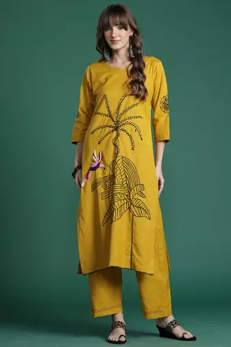 Mustard embroidered pure cotton kurta trouser set
