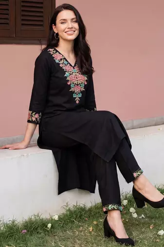 Black embroidered viscose rayon kurta trouser set