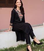 Black embroidered viscose rayon kurta trouser set