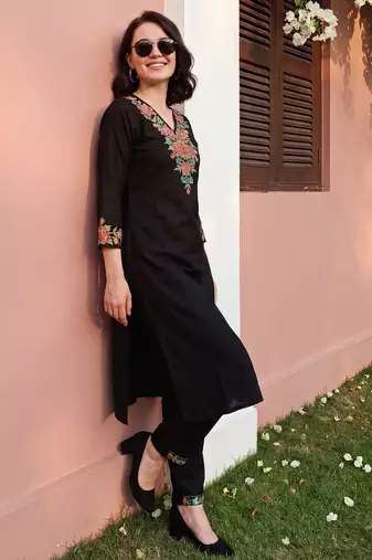 Black embroidered viscose rayon kurta trouser set