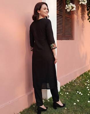 Black embroidered viscose rayon kurta trouser set 3
