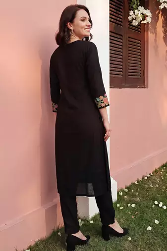Black embroidered viscose rayon kurta trouser set