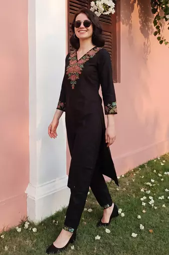 Black embroidered viscose rayon kurta trouser set