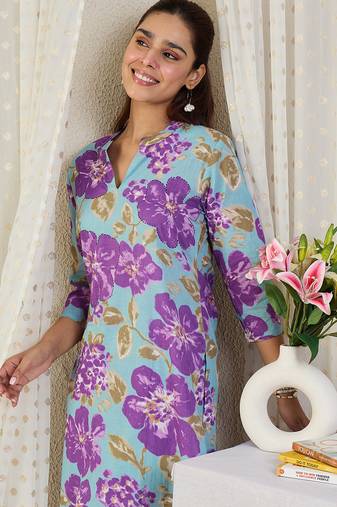 Blue printed pure cotton kurta trouser set