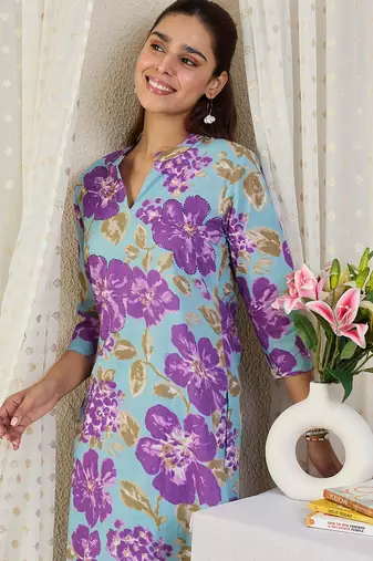 Blue printed pure cotton kurta trouser set