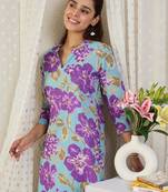 Blue printed pure cotton kurta trouser set