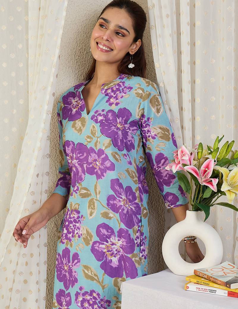 Blue printed pure cotton kurta trouser set