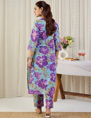 Blue printed pure cotton kurta trouser set 2