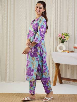 Blue printed pure cotton kurta trouser set 3