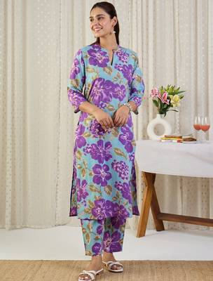 Blue printed pure cotton kurta trouser set 4