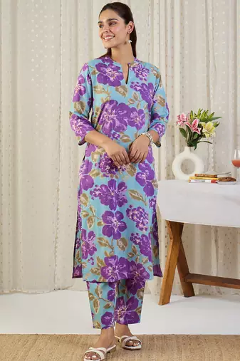 Blue printed pure cotton kurta trouser set