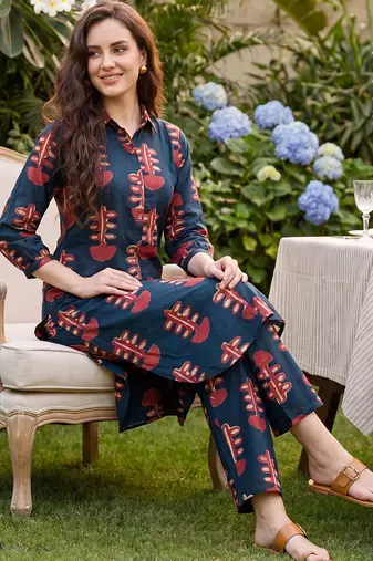 Blue printed pure cotton kurta trouser set