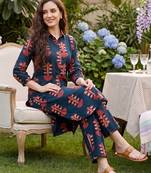 Blue printed pure cotton kurta trouser set