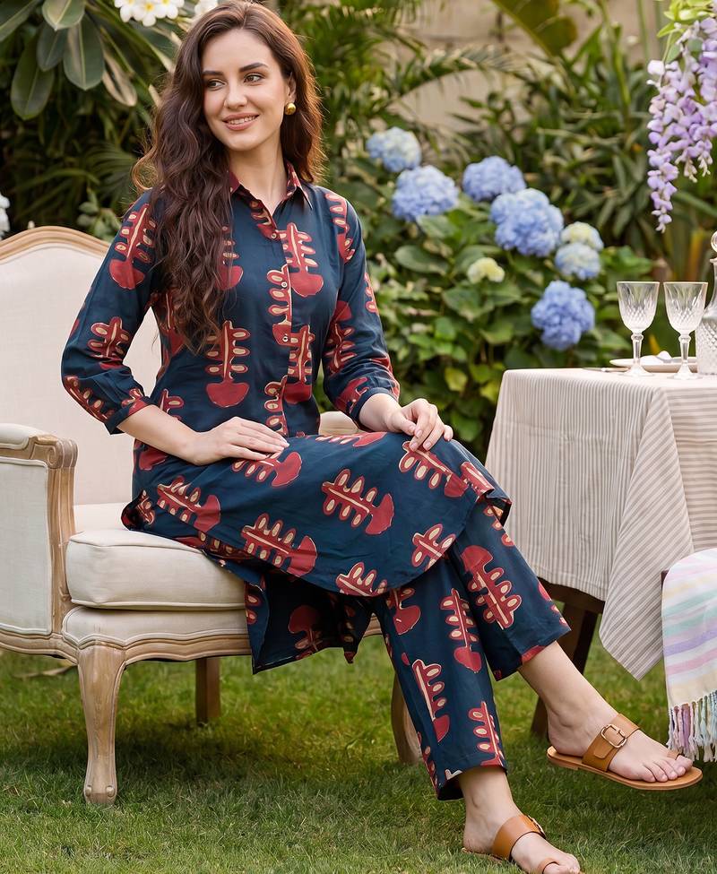 Blue printed pure cotton kurta trouser set
