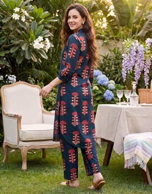 Blue printed pure cotton kurta trouser set 2