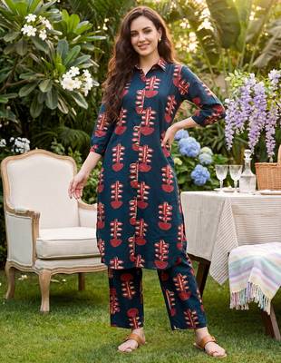 Blue printed pure cotton kurta trouser set 3