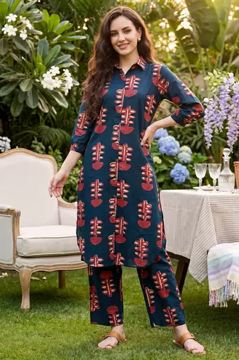 Blue printed pure cotton kurta trouser set