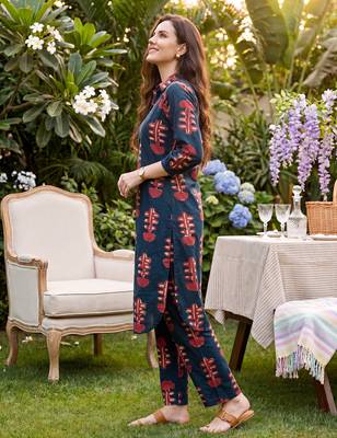 Blue printed pure cotton kurta trouser set 4