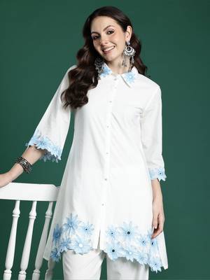 White embroidered pure cotton kurta trouser set 1