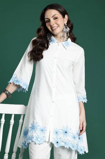 White embroidered pure cotton kurta trouser set