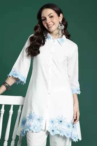 White embroidered pure cotton kurta trouser set