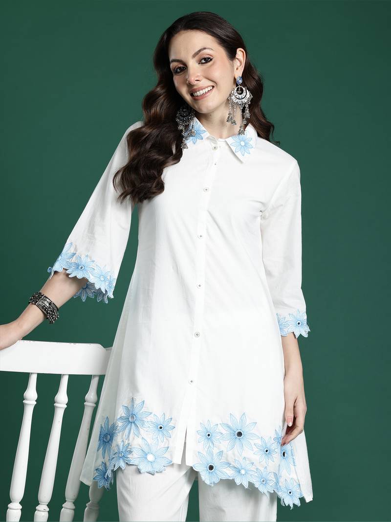 White embroidered pure cotton kurta trouser set