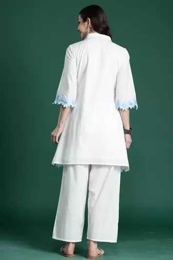 White embroidered pure cotton kurta trouser set