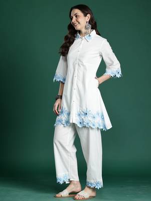 White embroidered pure cotton kurta trouser set 3