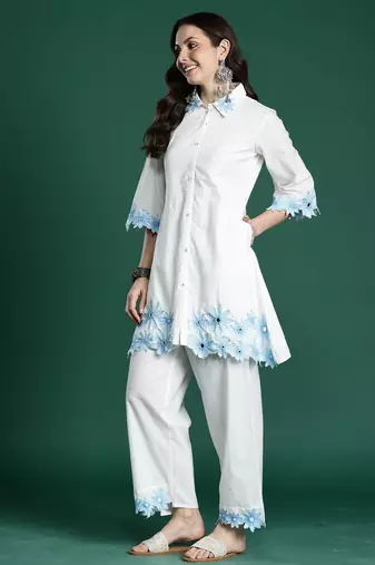 White embroidered pure cotton kurta trouser set