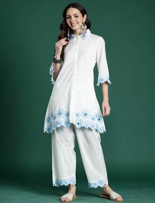 White embroidered pure cotton kurta trouser set 4