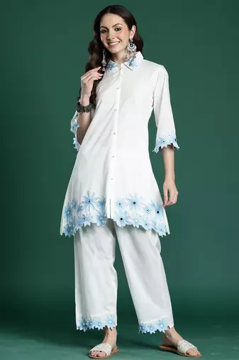 White embroidered pure cotton kurta trouser set