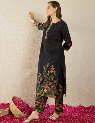 Black printed pure cotton kurta trouser set 3