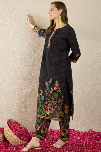 Black printed pure cotton kurta trouser set