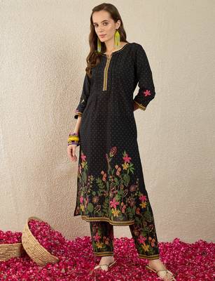 Black printed pure cotton kurta trouser set 4