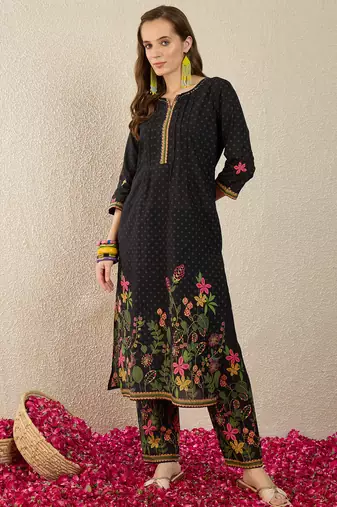 Black printed pure cotton kurta trouser set
