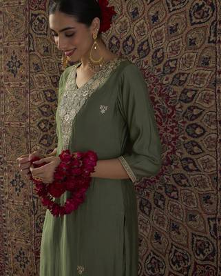 Green embroidered silk kurta trouser set 1